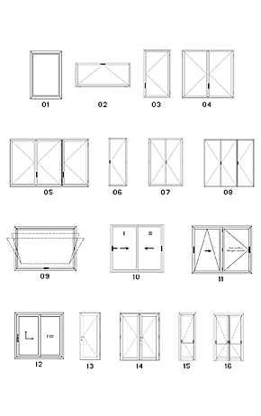 TIPOLOGIE DI APERTURA

- 01. FISSO CON FERMAVETRO O FISSO CON FINTA ANTA
- 02. WASISTAS
- 03. FINESTRA A 1 ANTA
- 04. FINESTRA A 2 ANTE
- 05. FINESTRA A 3 ANTE (2 ANTE + 1 ANTA)
- 06. PORTAFINESTRA A 1 ANTA
- 07. PORTAFINESTRA A 2 ANTE
- 08. PORTAFINESTRA A 3 ANTE (2 ANTE + 1 ANTA)
- 09. BILICO ORIZZONTALE
- 10. SCORREVOLE 2 ANTE
- 11. FINESTRA / PORTAFINESTRA SCORRI / RIBALTA
- 12. FINESTRA / PORTAFINESTRA ALZA / SCORRI 1 ANTA APRIBILE E LATERALE FISSO
- 13. PORTONCINO A 1 ANTA
- 14. PORTONCINO A 2 ANTE
- 15. USCITA DI SICUREZZA A 1 ANTA
- 16. USCITA DI SICUREZZA A 2 ANTE