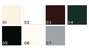 COLORI RAL LUCIDI

- 01. RAL 1013 LUCIDO CAT. A
- 02. RAL 9010 LUCIDO CAT. A
- 03. RAL 8017 LUCIDO CAT. A
- 04. RAL 6005 LUCIDO CAT. A
- 05. RAL 9005 LUCIDO CAT. A
- 06. RAL 9001 LUCIDO CAT. C
- 07. RAL 7001 LUCIDO CAT. A