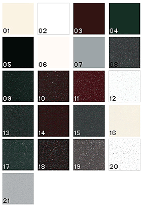 COLORI RAL OPACHI

- 01. RAL 1013 OPACO CAT. A
- 02. RAL 9010 OPACO CAT. A
- 03. RAL 8017 OPACO CAT. A
- 04. RAL 6005 OPACO CAT. A
- 05. RAL 9005 OPACO CAT. A
- 06. RAL 9001 OPACO CAT. C
- 07. RAL 7001 OPACO CAT. A
- 08. GRIGIO MARMO CAT. A
- 09. VERDE MARMO CAT. A
- 10. MARRONE MARMO CAT. A
- 11. ROSSO MARMO CAT. A
- 12. BIANCO MARMO CAT. A
- 13. VERDE MUSCHIO CAT. B
- 14. MARRONE GOFFRATO CAT. B
- 15. GRIGIO FERRO CAT. B
- 16. AVORIO GOFFRATO CAT. B
- 17. VERDE MARTEL. CAT. B
- 18. MARRONE MARTEL. CAT. B
- 19. GRIGIO MARTEL. CAT. B
- 20. BIANCO MARTEL. CAT. B
- 21. RAL 9006 CAT. C