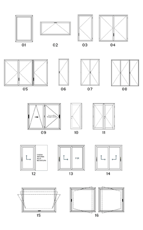 TIPOLOGIE DI APERTURA

- 01. FISSO CON FERMAVETRO O FISSO CON FINTA ANTA
- 02. WASISTAS
- 03. FINESTRA A 1 ANTA
- 04. FINESTRA A 2 ANTE
- 05. FINESTRA A 3 ANTE (2 ANTE + 1 ANTA)
- 06. PORTAFINESTRA A 1 ANTA
- 07. PORTAFINESTRA A 2 ANTE
- 08. PORTAFINESTRA A 3 ANTE (2 ANTE + 1 ANTA)
- 09. FINESTRA / PORTAFINESTRA SCORRI / RIBALTA
- 10. PORTONCINO A 1 ANTA
- 11. PORTONCINO A 2 ANTE
- 12. FINESTRA / PORTAFINESTRA ALZA SCORRI 1 ANTA APRIBILE A SCOMPARSA
- 13. FINESTRA / PORTAFINESTRA ALZA SCORRI 1 ANTA APRIBILE E LATERALE FISSO
- 14. FINESTRA / PORTAFINESTRA ALZA SCORRI 2 ANTE APRIBILI
- 15. BILICO VERTICALE
- 16. BILICO ORIZZONTALE

PROVE DI LABORATORIO - CERTIFICAZIONI

LA LINEA GRANDUCA HA SUPERATO LE PROVE DI COLLAUDO RISPETTANDO LE NUOVE NORMATIVE EUROPEE:
- PROVA ARIA UNI EN 1026 - UNI EN 12207-3
- PROVA ACQUA UNI EN 1027 - UNI EN 12208-5A
- RESISTENZA AL CARICO UNI EN 12211 - UNI EN 12210-C3